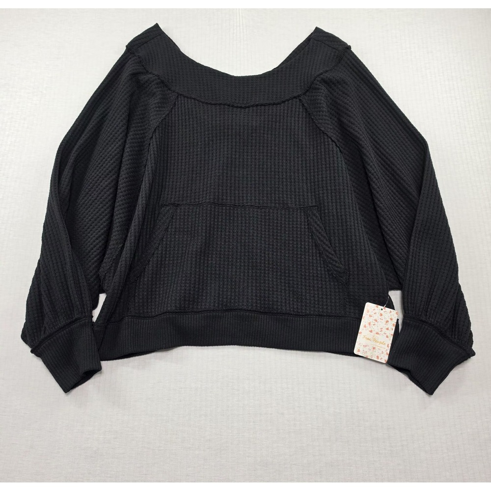Free People Black Waffle Knit Oversized Kangaroo Pocket Pullover Top Small Boho